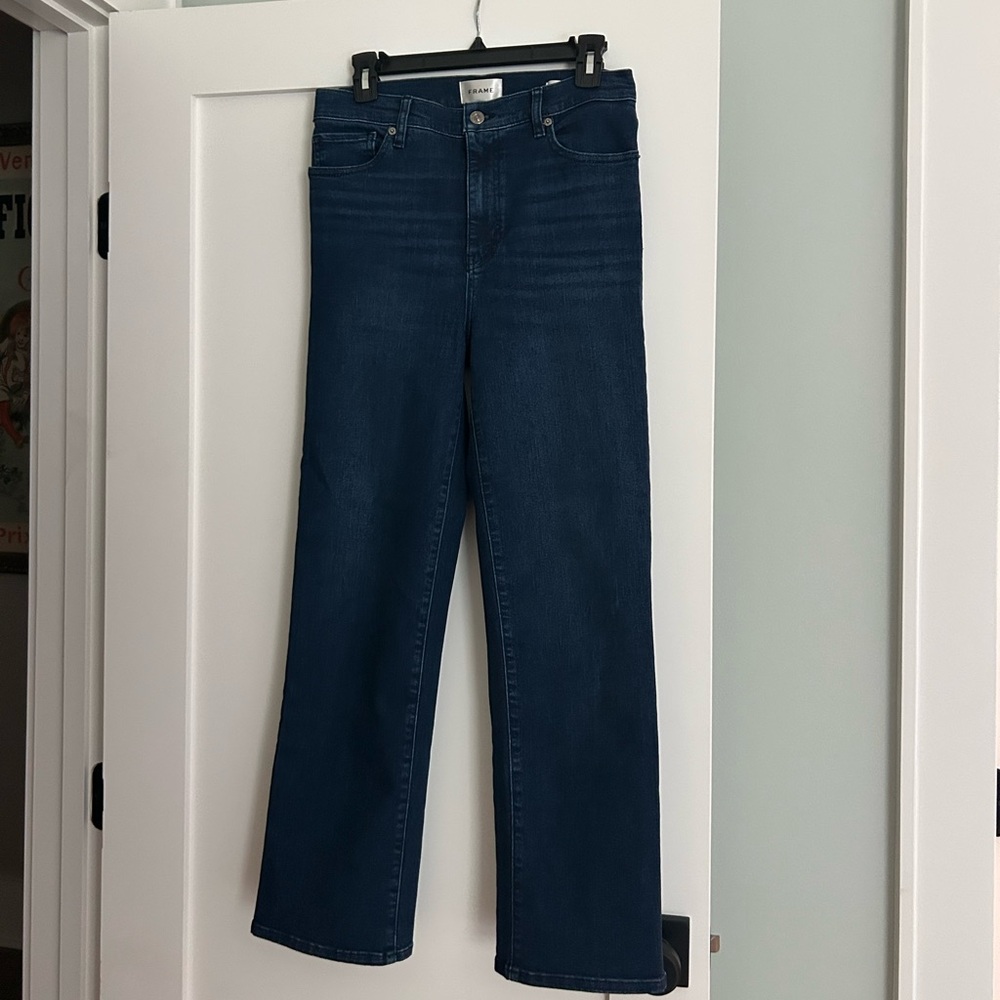 Frame Jeans
Dark wash, high-waisted, straight leg